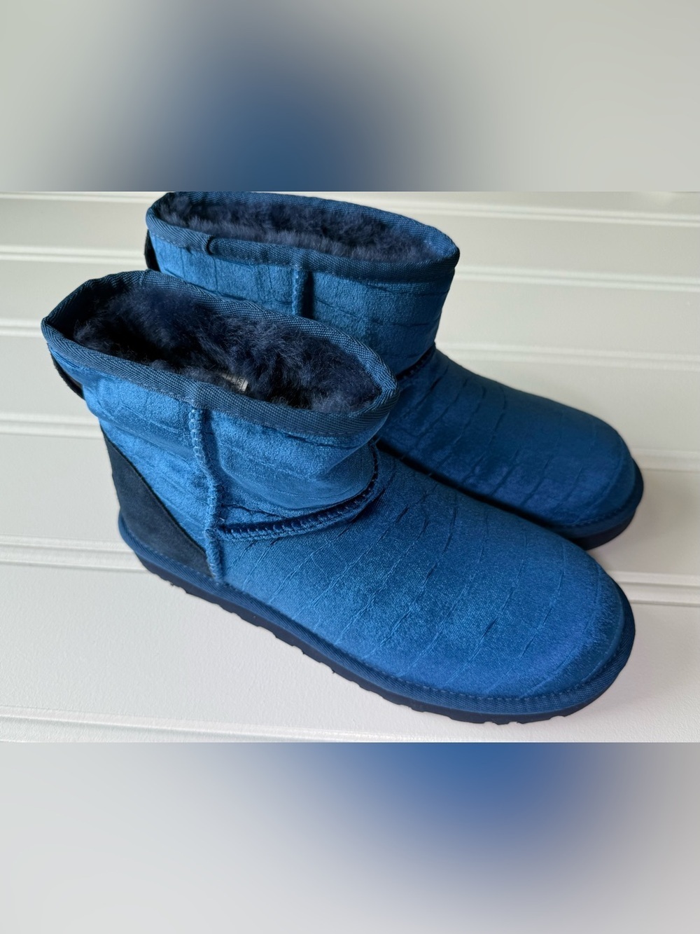 UGG Blue CLASSIC MINI II CROC VELVET/ WOOL BOOTS, WOMEN US 8 NEW No Box 1977
